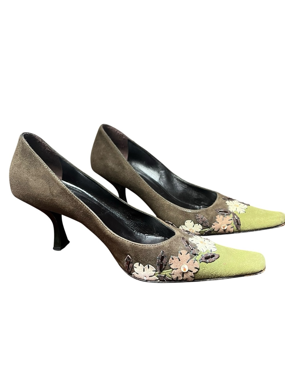 Moschino Floral Applique Suede Pumps US 6.5 Green Brown Luxury Boho Fairy Y2K
